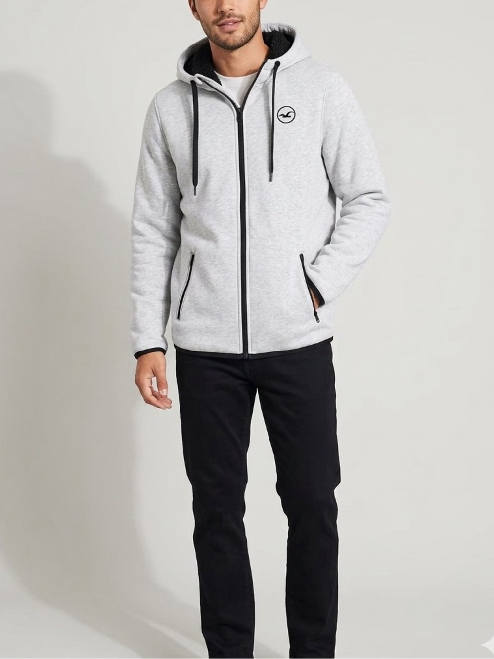 NWOT Hollister Men's Sherpa Lined Gray Full-Zip Hooded Sweater M